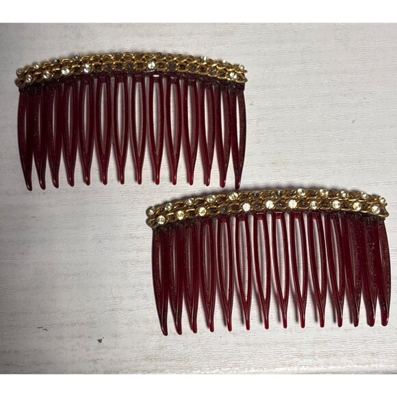 Vintage Mid Century Hair Combs Gold & Rhinestone Detail Accents Elegant Pair - Picture 2 of 9